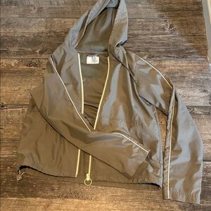 Vintage gray hooded jacket with white trim.